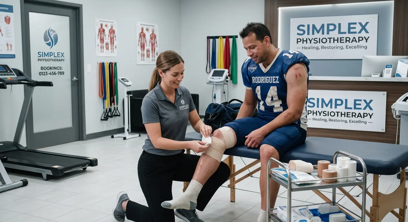 A female physical therapist smiles as she applies a bandage over a wrapped injury on the lower leg of a football player. The athlete, wearing a blue number 14 jersey, sits on an examination table inside a clinic labeled "Simplex Physiotherapy." A cart with medical tape and bandages stands in the foreground.