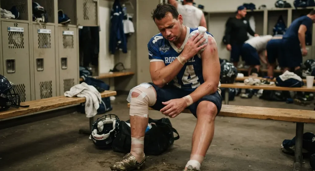 A football player wearing a blue jersey with the number 14 sits dejectedly on a wooden bench in a locker room. He is holding an ice pack to his left shoulder, which shows visible scrapes. His right leg is heavily wrapped in compression bandages from the ankle up past the knee.