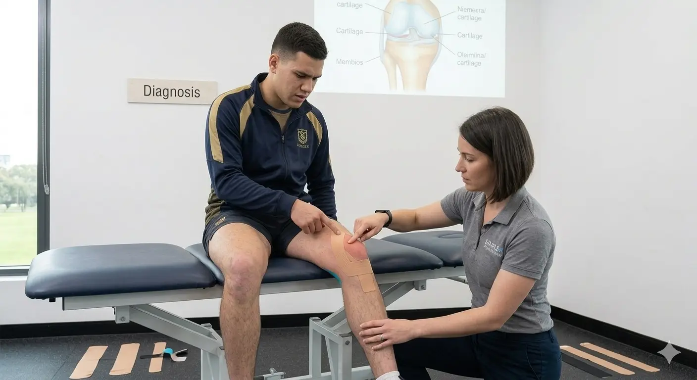 A male athlete sits on an examination table while a female physiotherapist in a grey polo shirt points to kinesiology tape applied to his right knee. A diagram of knee anatomy is visible on the wall behind them.
