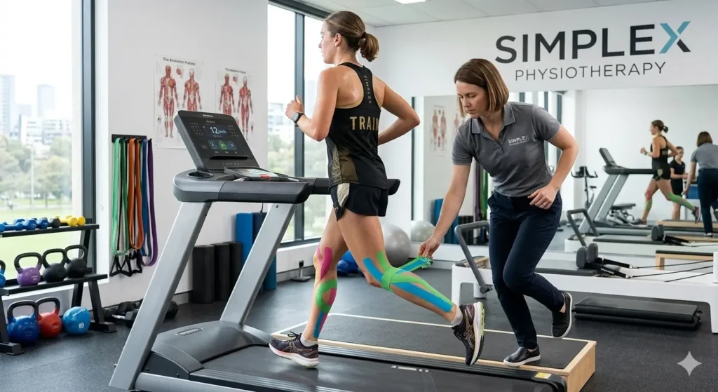 A female athlete runs on a treadmill while wearing colorful kinesiology tape on both legs. A female physiotherapist watches her stride closely from behind. The background shows a modern clinic setup under a sign that reads Simplex Physiotherapy.