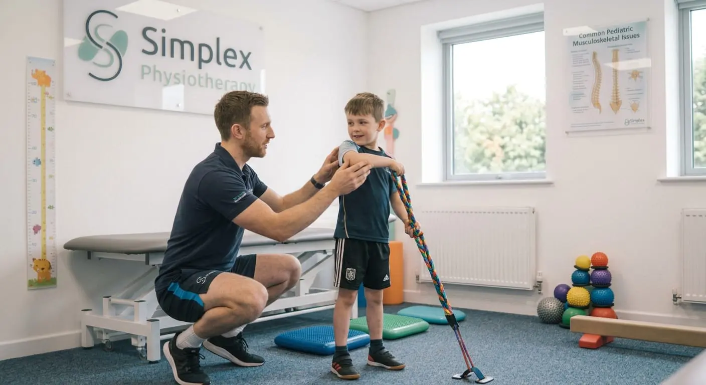 A female physiotherapist at Simplex Physiotherapy holds a knee joint model to explain growing pains to a young child and his father. The patient sits on the father's lap on a clinic examination bed next to a tablet displaying the presentation title.
