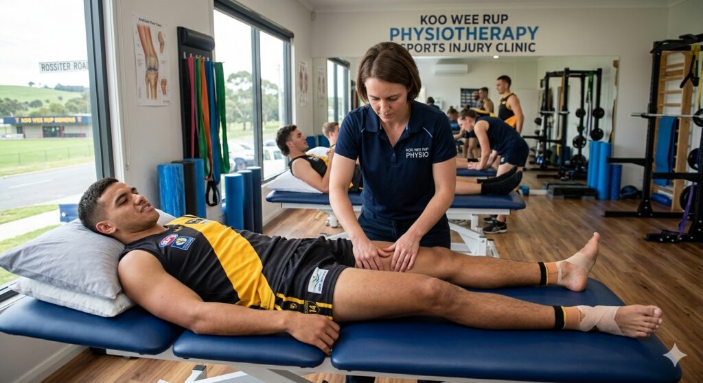 Physiotherapist performing hands-on manual therapy on a patient's leg at Koo Wee Rup clinic
