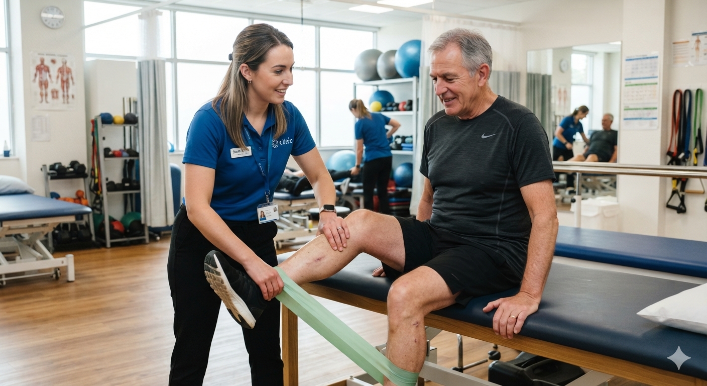 Physiotherapist guiding a post-surgery patient through a resistance band knee strengthening exercise