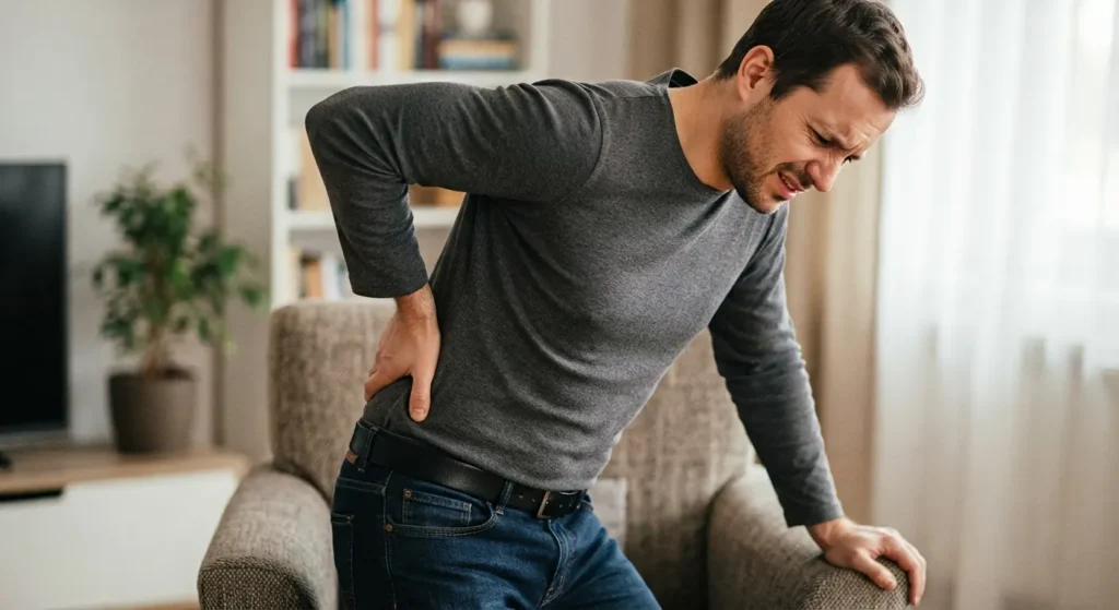 A man grips his lower back with a pained facial expression as he struggles to stand up from a grey armchair at home. He winces in discomfort, holding his hip and lower spine while wearing a grey long-sleeve shirt and jeans in a living room setting.