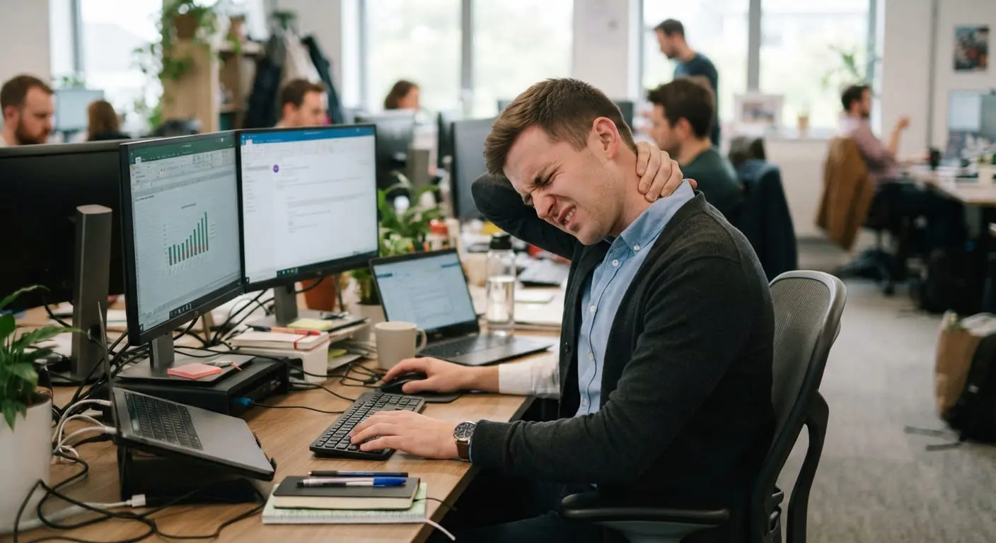 : A male office worker sits at a dual-monitor computer desk in a busy, modern open-plan office, clutching the back of his neck with a pained facial expression due to severe neck strain and poor posture.