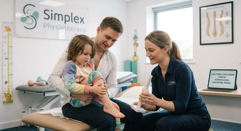A male pediatric physiotherapist in a dark uniform crouches down to guide a young boy holding a colorful resistance rope. The session takes place in a brightly lit Simplex Physiotherapy room equipped with balance pads, colorful balls, and a children's height chart.