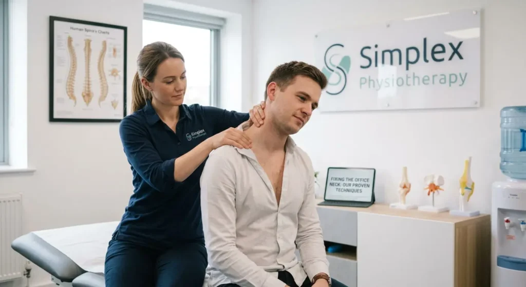 A female physiotherapist at Simplex Physiotherapy wears a navy uniform shirt and gently stretches a male patient's neck and shoulder area. The patient sits on a treatment table inside a bright clinic space featuring a spine chart and anatomical models on the cabinet behind him.